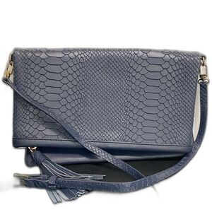 GIGI NEW YORK Navy Embossed Python Leather, Fold Over Clutch/Crossbody Purse.